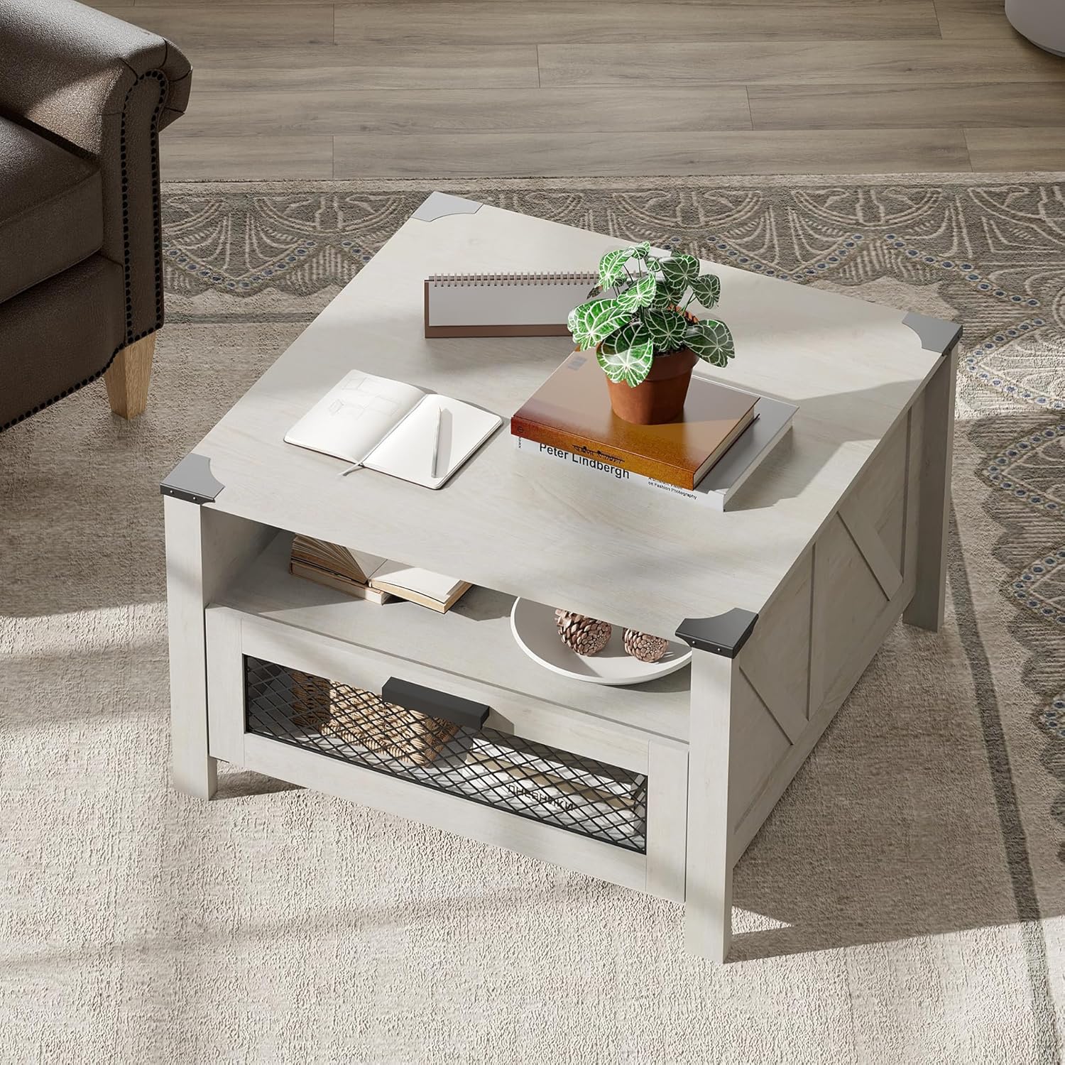 30 Inch Farmhouse Square Coffee Table with Drawer, 2 Open Shelf ...