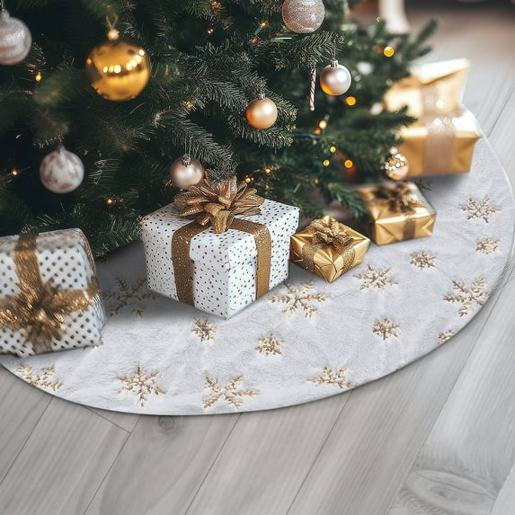 30 Inch Faux Fur Christmas Tree Skirt, Golden Feather Pattern White Christmas Tree Decorations Indoor Velvet Sequin Tree Collar Faux Fur Plush Rug Xmas Large Mat Decor Ornaments