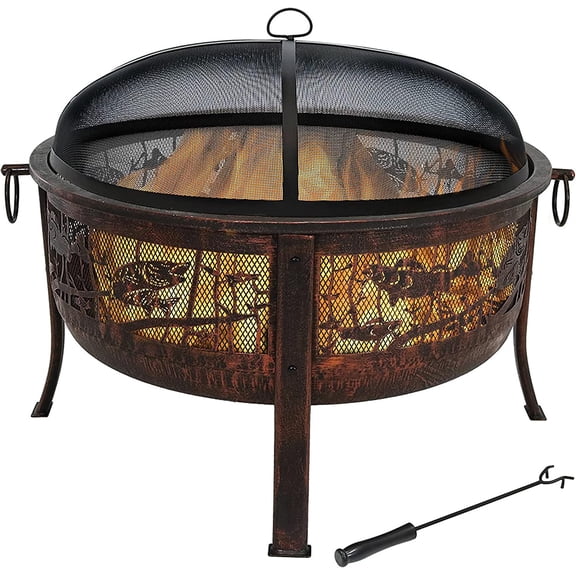 30-Inch Fire Pit with Spark Screen, Water-Resistant Cover, Metal Grate, and Fireplace Poker - Northwoods Fishing