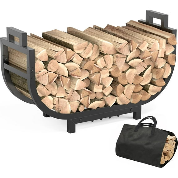 30 Inch Firewood Rack Outdoor Indoor with Handle and Log Carrier Bag, Stable Metal Wood Rack Heavy Duty Log Holder for Fireplace Patio Deck, Rustproof Firewood Storage Organizer Tool, Black