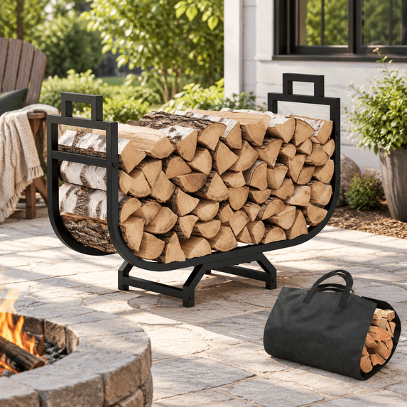 30 Inch Firewood Rack With Log Carrier Bag Outdoor Indoor Fire Wood ...