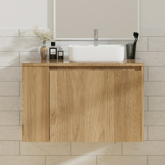 30 Inch Floating Bathroom Vanity with Sink – Wall-Mounted Vanity with Hidden Drawer, Natural Wood Finish, Modern Vessel Sink Vanity for Bathroom(Nature with Sink, 30")