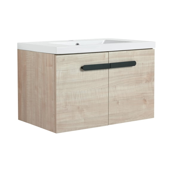 30 Inch Floating Bathroom Vanity with Soft Close Doors & Light Oak Plywood Cabinet – Space-Saving Design for Small Bathrooms, Durable Metal Handles, Easy Assembly