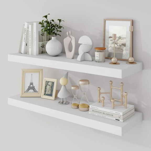 30 Inch Floating Shelves, 9.3" Deep Floating Shelf Wall Mounted, 30" Wall Shelves, Rustic Deep Bookshelf, Large Display Shelves & Storage Shelves for Bedroom, Living Room, White, Set of 2