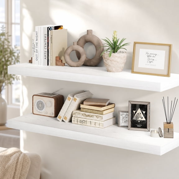 30 Inch Rustic Floating Shelves, 8 Inch Deep Wall Mounted Display Shelves, Set of 2 White Storage Shelves for Kitchen Bathroom Living Room Decor
