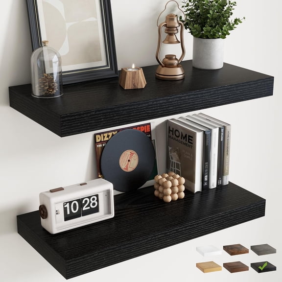 30 Inch Floating Shelves for Wall Set of 2, 12"D Wood Grain Bathroom Shelves with Invisible Brackets, Easy Install Engineered Wood Storage Shelves for Kitchen, Living Room, Bedroom, Black Finish