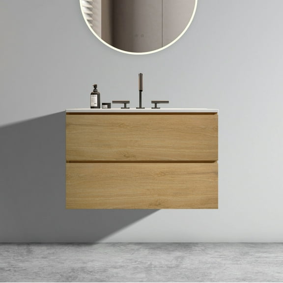 30-Inch Floating Wall-Mounted Bathroom Vanity with Ceramic Sink, Three Faucet Holes, Oak Finish, Pre-Assembled Design for Easy Installation and Enhanced Storage