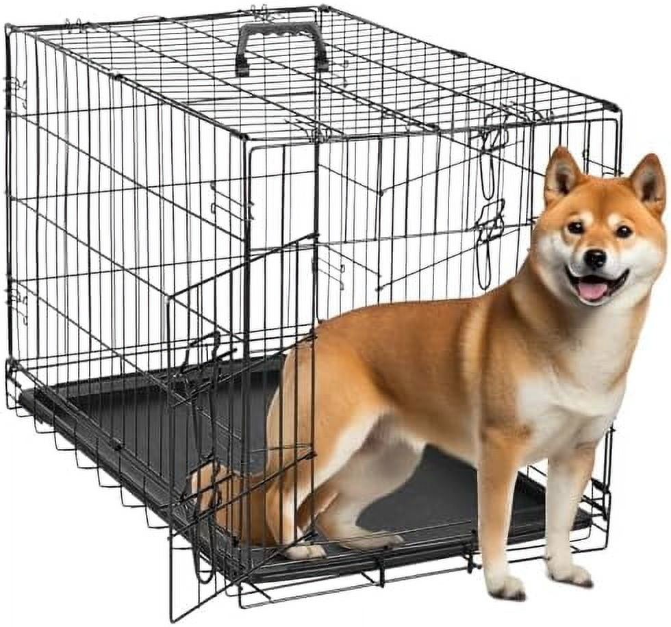 Image showcasing 30-Inch Foldable Metal Wire Dog Crate, Collapsible Double Door Dog Crate with Removable Leak ...