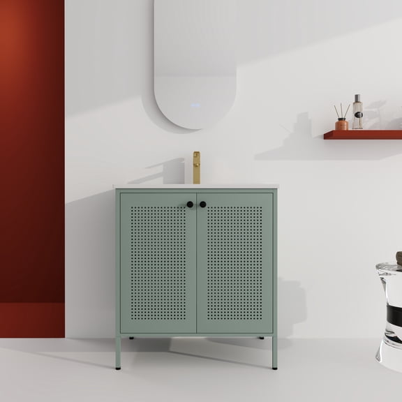 30-Inch Freestanding Bathroom Vanity Cabinet in Mint Green: Modern Steel & Ceramic Sink, 2-Door Storage, Perfect for Master, Guest Bathrooms & Apartments