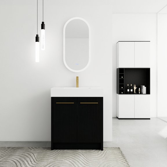 30 Inch Freestanding Bathroom Vanity | Contemporary Look for Your Bathroom | Resin Sink with Unique Lines | Soft Closing Stainless Steel Door Hinges