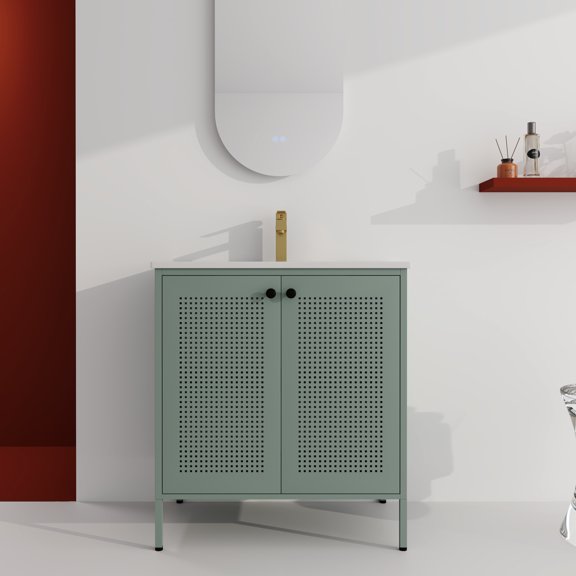 30 Inch Freestanding Bathroom Vanity | Keep Bathroom Organized with Two-door Storage | Cold Rolled Steel, Moisture-proof | Raised Foot Nails to Protect Cabinet