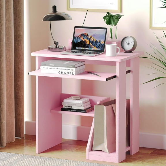 30 Inch Gaming Desk Computer Desk with Keyboard Tray Monitor Stand Storage Shelves CPU Stand,Industrial Small Desk for Small Spaces,Home Office Desk,Pink