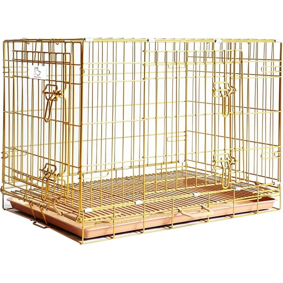 30 Inch Gold Portable Folding Metal Wire Dog Crate with Removable Floor Grid Pull Out Pan Double Doors Handle for Medium Small Breed Dogs