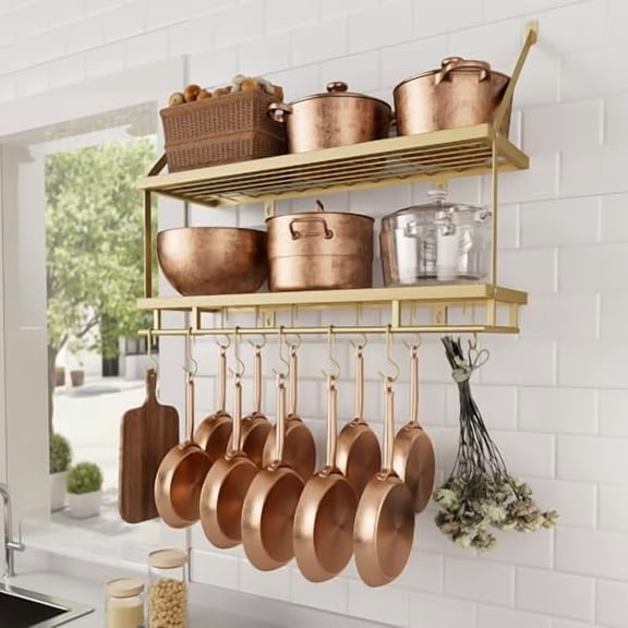30-Inch Gold Pot Rack Wall Mounted, 2-Tier Hanging Pot and Pan Organizer with 12 Sturdy Hooks, Elegant Modern Kitchen Wall Hanger Shelves, KUR215S75B-GD