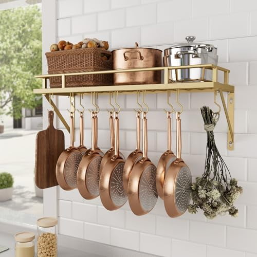 30-Inch Gold Pot Rack, Wall Mounted Hanging Pot and Pan Organizer with 12 Sturdy Hooks, Elegant Modern Kitchen Wall Hanger Shelves, KUR215S75A-GD