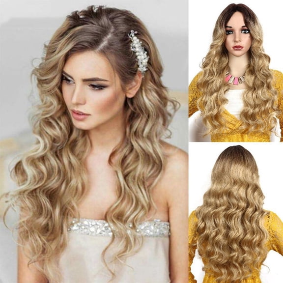 30 Inch Gold Synthetic Long Wavy Wig for Women - High Temperature Silk, Adjustable Cap, Easy Care