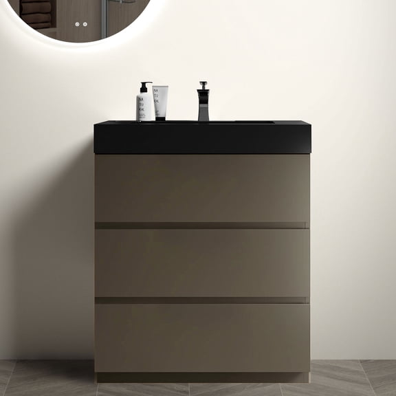30-Inch Gray Bathroom Vanity One-Piece Black Sink Eco-Friendly Build Silent Function for Modern Bath