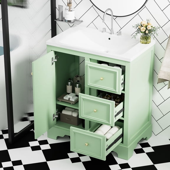 30-Inch Green Bathroom Vanity Cabinet, Rectangular Sink / Soft Close Doors, Durable Build and Space Efficiency