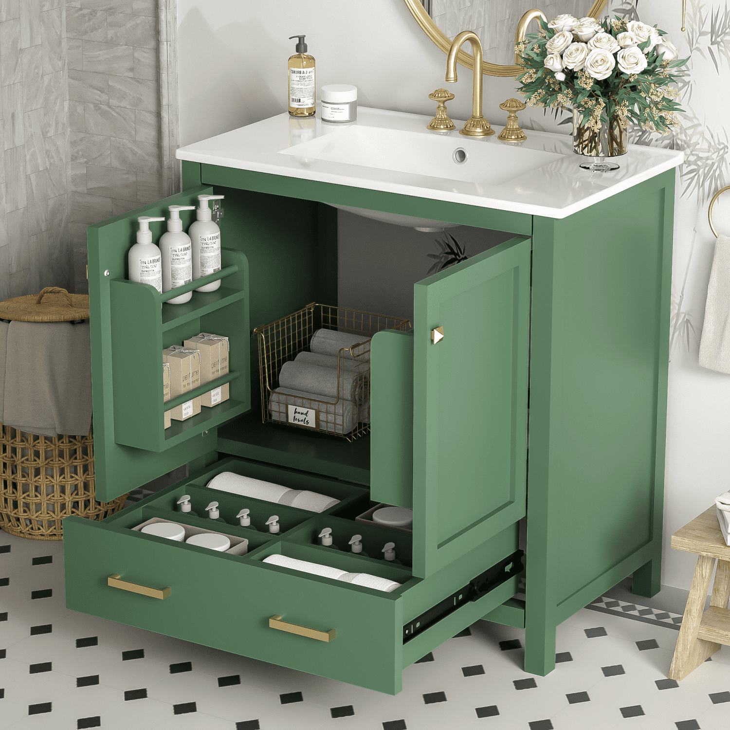 30 Inch Green Bathroom Vanity with Single Sink Combination Under Counter Sink Bathroom Storage ...