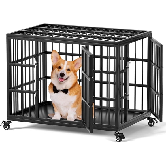 30 Inch Heavy Duty Dog Crate for Medium and Small Dogs with Self-Locking Latch, Escape-Proof Steel Kennel Indoor, Double Door Metal Pet Cage Wheels Removable Floor