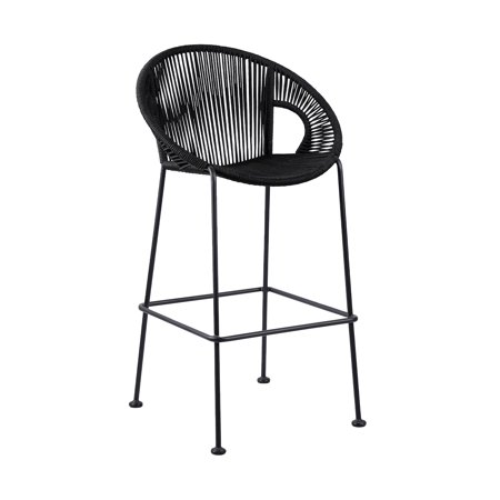 30 Inch Indoor Outdoor Bar Stool with Rounded Rope Woven Seat, Black