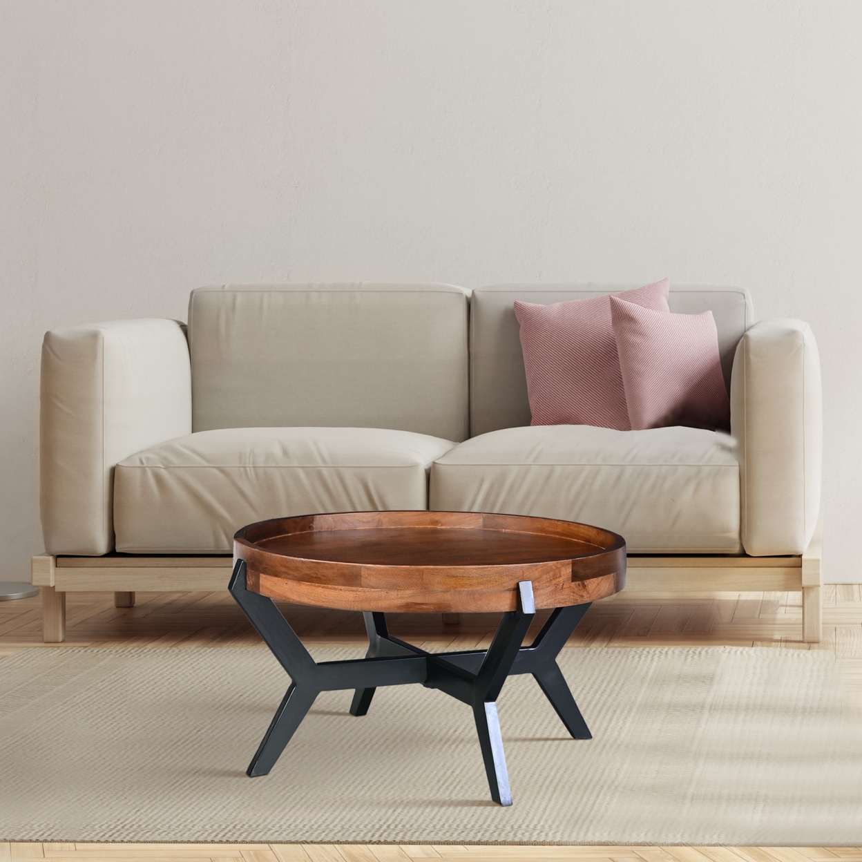 30 Inch Industrial Round Acacia Wood Tray Coffee Table with Flared
