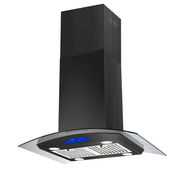 30 Inch Island Range Hood Black 700CFM Touch Panel Ceiling Mount Vent Hood, Stainless Steel Kitchen Exhaust Fan Convertible