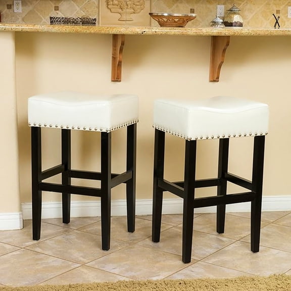 30 - Inch Ivory Backless Bar Stools | Suitable for Island and Kitchen Use | Bonded Leather Saddle Seats on Hardwood | Resolves Lack of Elegant Dining Seating