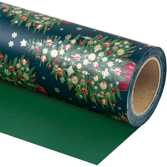 30 Inch Jumbo Reversible Green Christmas Wrapping Paper - 30 Inch x 33 Feet - Green Christmas Tree Wrapping Paper for Holiday, Party Celebration