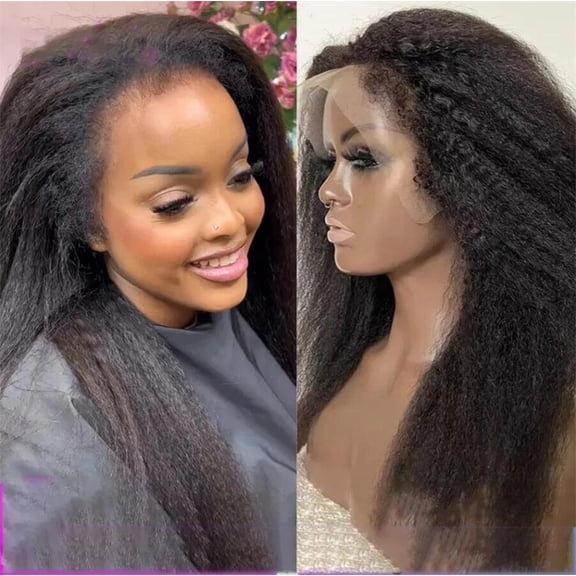 30 Inch Kinky Straight Natural Black Glueless Yaki Synthetic Hair 180%Density|Lace Front Wig | Preplucked Baby Hair & Heat Resistant | Daily Wig for Women)