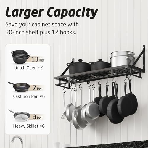 30-Inch Kitchen Pan Pot Rack Wall Mounted Hanging Storage Organizer Wall Shelf with Hooks Matte Black, KUR215S75A-BK