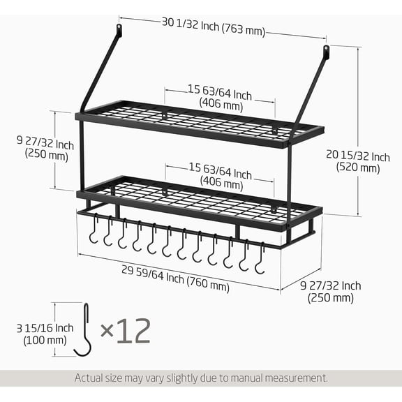 30-Inch Kitchen Pot Rack - Mounted Hanging Rack for Kitchen Storage and Organization - Matte Black 2-Tier Wall Shelf with Guard Rail for Pots and Pans Organizer with 12 Hooks - KUR215S75B-BK