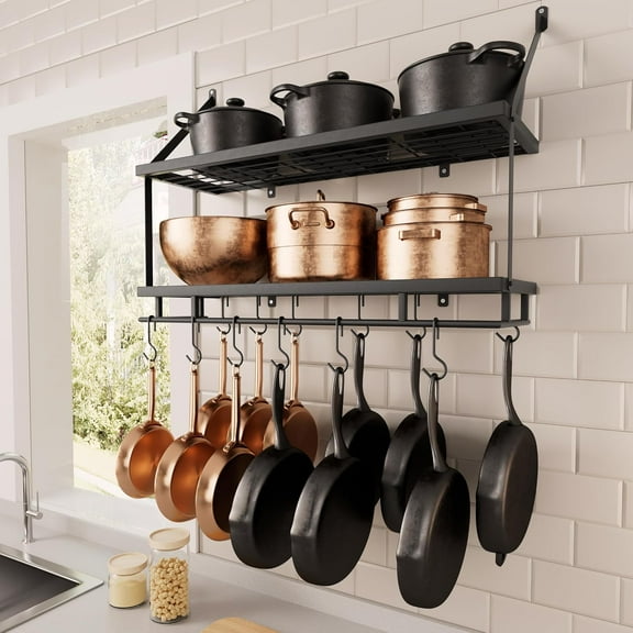 30-Inch Kitchen Pot Rack - Mounted Hanging Rack for Kitchen Storage and Organization- Matte Black 2-Tier Wall Shelf for Pots and Pans Organizer with 12 Hooks - KUR215S75B-BK