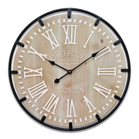 30 Inch Large Metal Frame Farmhouse Rustic Wooden Wall Clock with Engraved Roman Numbers
