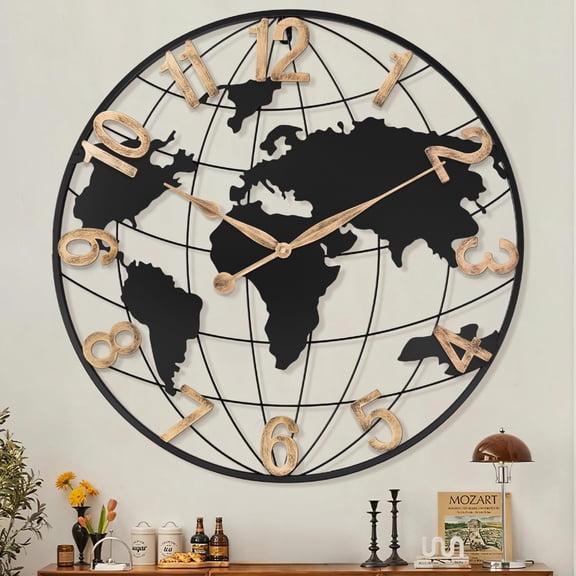 30 Inch Large Modern Decorative Metal World Map Wall Clocks Giant Extra Vintage Gold Roman Numeral Oversized Wall Clock for Living Room,Office,Dining Room,Entryway,Fireplace