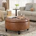 thumbnail image 1 of 30 Inch Large Round Ottoman with Storage, Modern Leather Ottoman Coffee Table with Lift Top, Upholstered Button Tufted Footrest Stool Toy Blanket Storage for Living Room, Brown, 1 of 16