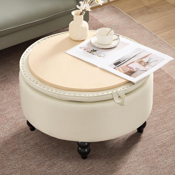 30 Inch Large Round Storage Ottoman, Modern Fabric Upholstered Tufted Coffee Table with Storage, Oversized Living Room Footrest Stool Ottoman with Flip Top Tray, Beige