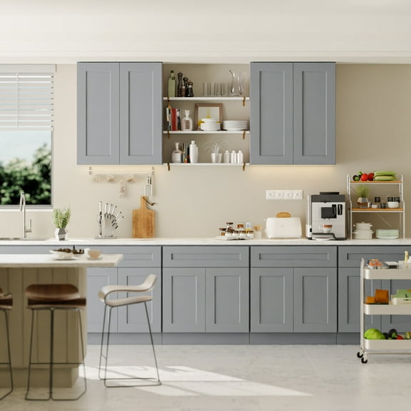 30 Inch Laundry Room Cabinets Wall Mounted, Solid Wood Over The Toilet Storage Cabinet, Bathroom Organizer Cabinets with 2 Shaker Door & Shelves, Easy to Assemble for Kitchen, Garage - Dark grey