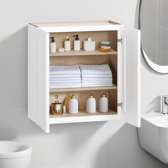 30 Inch Laundry Room Cabinets Wall Mounted, Solid Wood Over The Toilet Storage Organizer, White Shaker RTA Kitchen Wall Cabinet with 2 Shaker Door & Shelves, Large Space for Bathroom, Garage