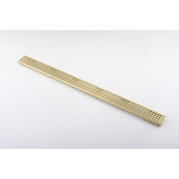 30 Inch Linear Shower Drain - Removable Square Patterned Grate 304 Stainless Steel with Hair Strainer & Leveling Feet Brushed Gold