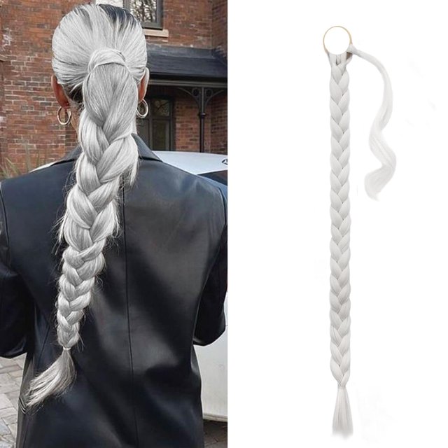30 Inch Long Braided Ponytail Extension with Hair Tie Straight Sleek