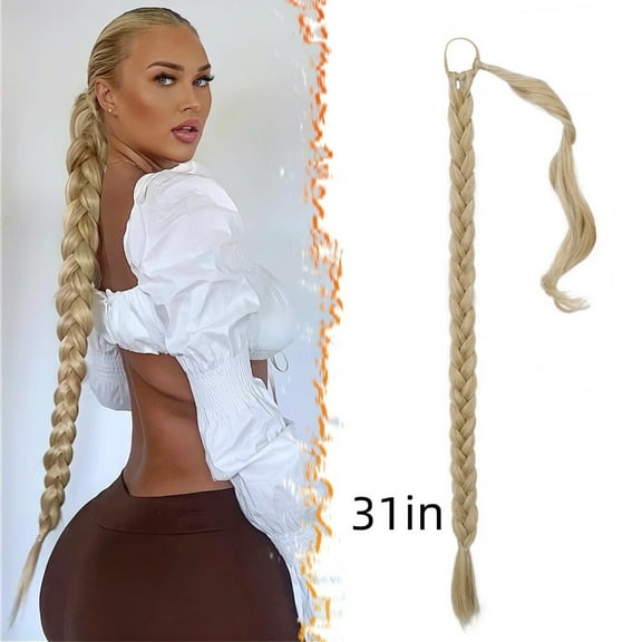 30 Inch Long Braided Ponytail Extension - Straight Wrap Around Blonde Braid Ponytail Hair Extensions with Hair Tie - Synthetic Pony Tails Hairpieces for Women - Blonde Mixed