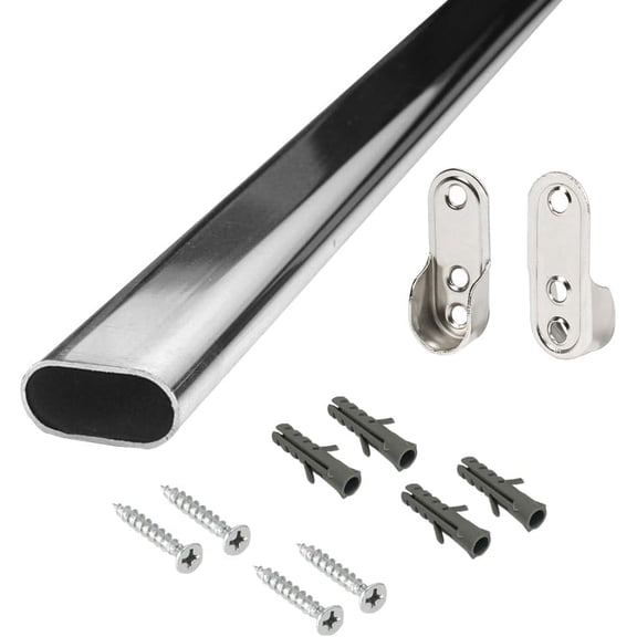 30 Inch Long Steel Oval Closet Rod with Hanging Brackets, Wall Anchors, Screws | Polished Chrome Finish | Complete Installation Kit | Outwater Plastics