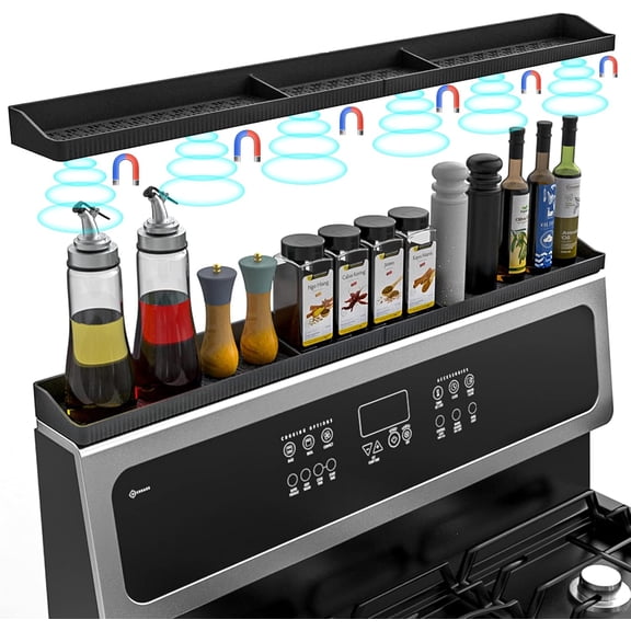 30 Inch Magnetic Stove Top Shelf - Heat Resistant Silicone Over the Stove Spice Rack Organizer with 3 Partitions for Kitchen Storage (Black)