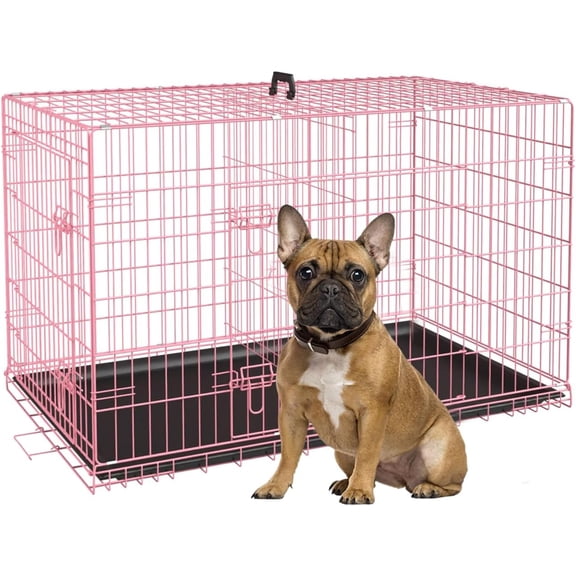 30 Inch Medium Dog Crate, Heavy Duty Crates for Dogs, Metal Wire Folding Cage with Removable Trays, Locks, Double-Door, Divider Panel, Handle, Puppy Crate Pet (30 in, Pink)