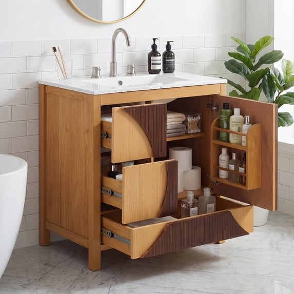 30 Inch Mid-Century Modern Bathroom Vanity with Sink - Freestanding Artistic Wood Cabinet with 3 Drawers & Soft-Close Door, Two-Tone Fluted Panel Design, Solid Wood & MDF Build,