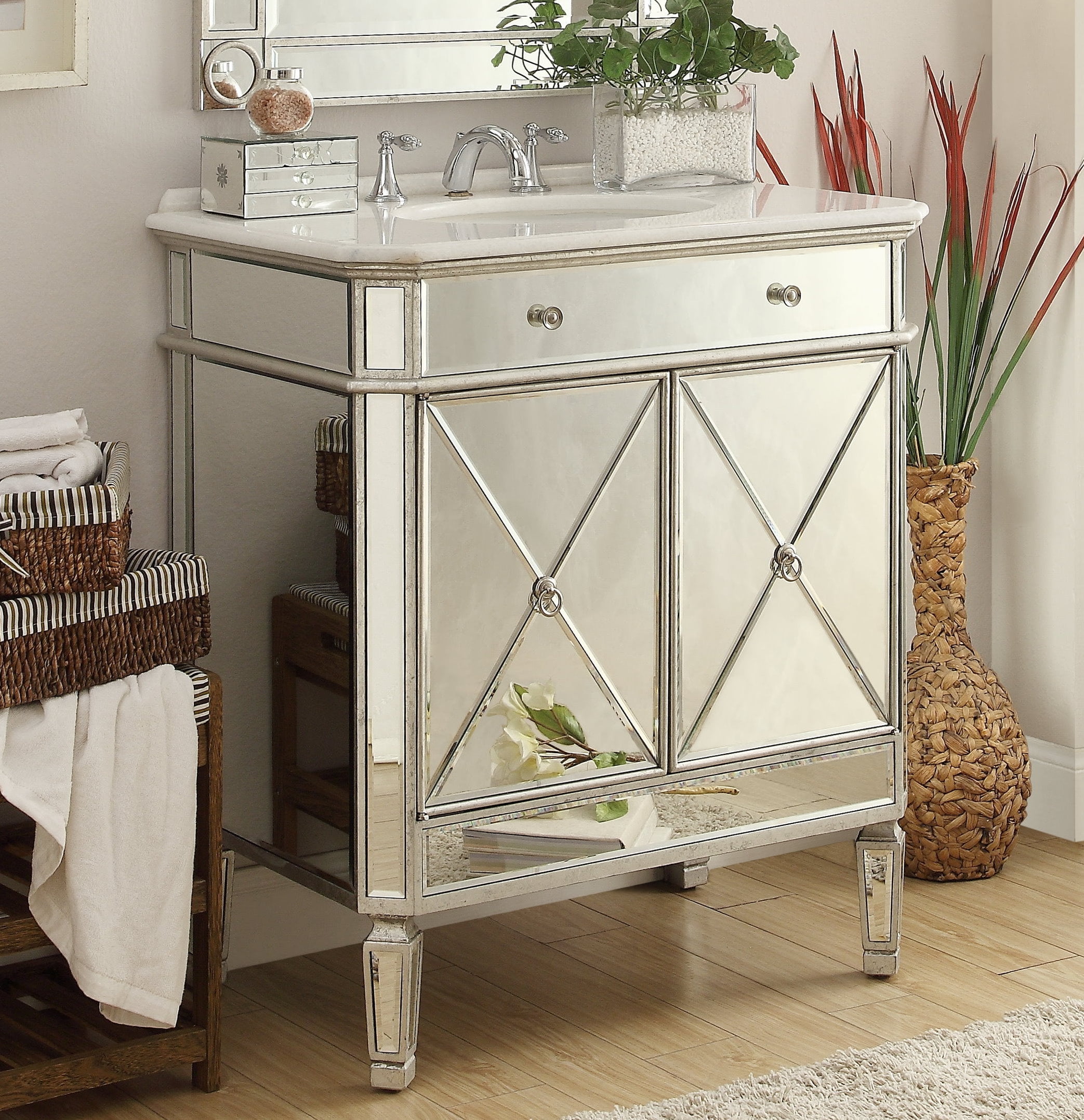 30 Inch Mirrored Style Austell Bathroom sink vanity With Silver Trim Benton Collection