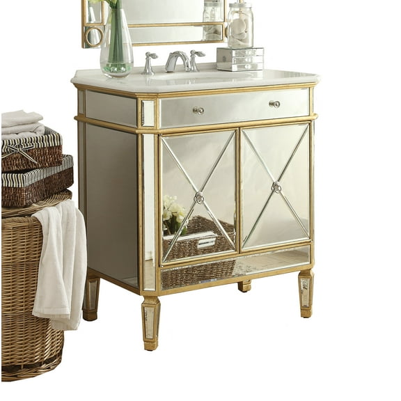 30 Inch Mirrored Style Austelll Bathroom sink vanity With Gold Trim - Benton Collection