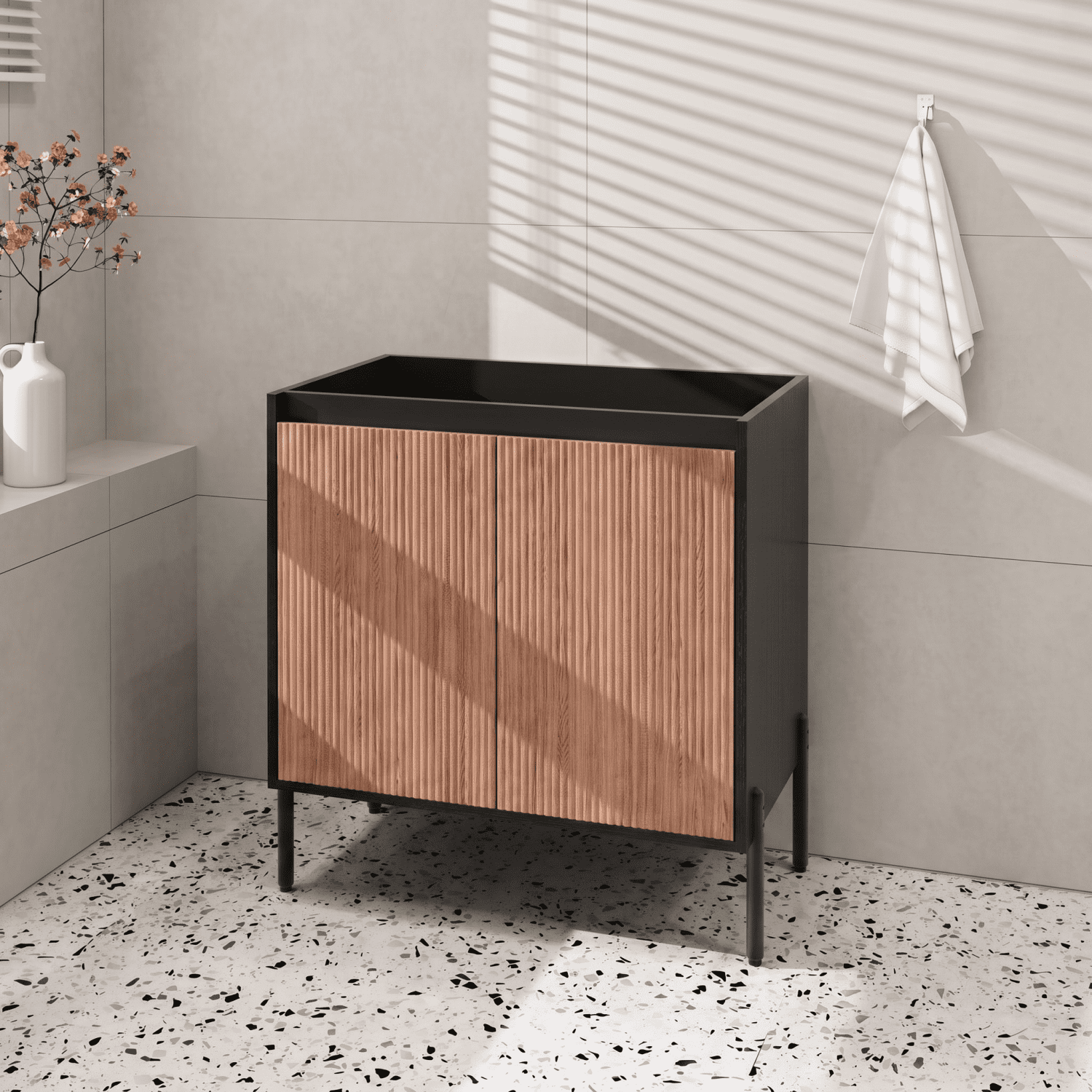 30 Inch Modern Bathroom Vanity Base Cabinet Only, Freestanding or Wall-Mounted with Soft Close Fluted Double Doors & Adjustable Shelf, Aluminum Legs (Walnut & Black, No Sink)