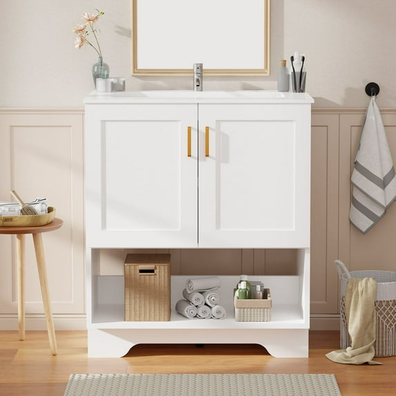 30 Inch Modern Bathroom Vanity with Ceramic Sink,Freestanding Cabinet 2 Soft-Close Doors & 1 Open Shelf, White